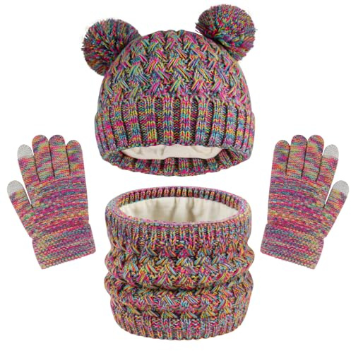 QKURT Conjunto de gorro, bufanda y guantes para niños, conjunto de accesorios cálidos de punto para niños, gorro térmico de invierno, cuello abrigado, guantes táctiles suaves con pompones