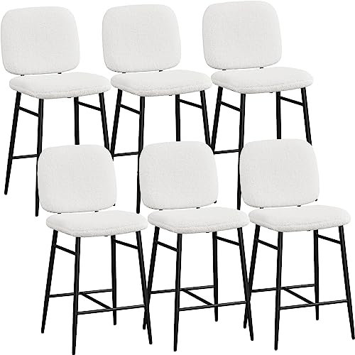 Yaheetech Lot de 6 Tabourets de Bar Rembourrés Siège en Tissu Bouclette Chaises de Bar Dossier Repose-Pied Tabourets Hauts de Cuisine à Quatre Pieds Métalliques pour Comptoir Salle à Manger Blanc
