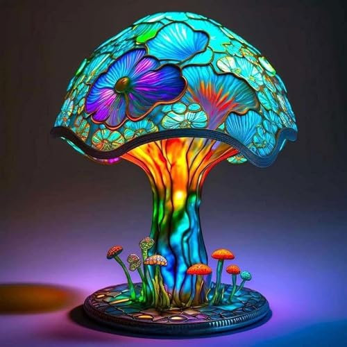 Painting Mushroom Table Lamp, 5.9 Inch New Stained Glass Plant Night Light, Bohemian Resin Mushroom Decorative Bedside Lamp for Bedroom Living Room Home Office Decor Gift