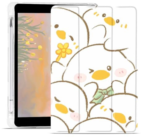 JOYLAND Schutzhülle für iPad 9. / 7. / 8. Generation (2021/2020 / 2019) mit Stifthalter, Kawaii-Druck, Cartoon-Leder, transparente TPU-Rückseite, dreifach faltbar, Standfunktion, automatische Wake