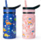 BUZIO 2 Pack Kids Water Bottle for School, 400ml Stainless Steel Vacuum Insulated Sports Water Bottle with Straw Lid, Wide Mouth Leak Proof Drink Flask for Boy Girl(Pink Unicorn+Blue Dinosaur)