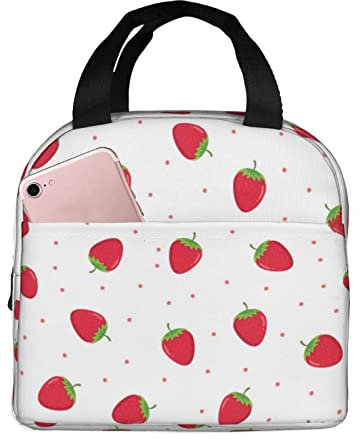 Lonchera vintage de fresa para mujeres y hombres, bonita lonchera aislada con bolsillo frontal para trabajo, picnic, viajes