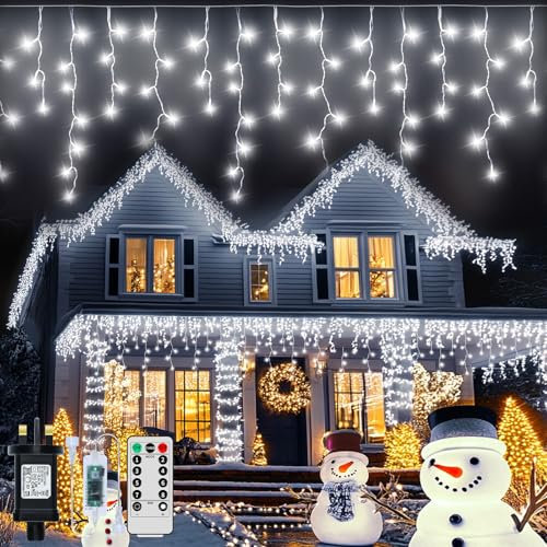 GCMacau Outdoor Christmas Icicle Lights Plug-in 15+5M/65.5ft 506 LED Connectable String Lights 8 Modes and Dimmable Waterproof Hanging String Lights for Porch, Deck, Garden, Backyard, Balcony
