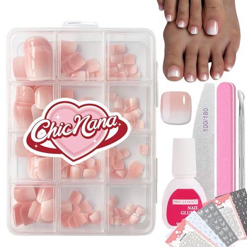 ChicNana False Toenails Kit, 240Pcs Gradient Pink Press On Nails for toe with Glue, Acrylic Square Coffin Fake Toe Nails 12 Sizes Stick On toenails Gift for Women Girls (09-Toe, 240pcs)