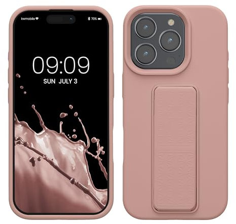 kwmobile Case Compatible with Apple iPhone 16 Pro - Case with Hand Strap and Stand Soft TPU Silicone Coating - Dusty Pink