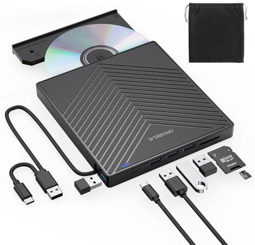 External DVD Drive, Ultra Slim USB 3.0 CD Burner with 4 USB Ports and 2 TF/SD Card Slots, Optical Drive for Mac Laptop, Windows 11/10/8/7 Linux Operating System