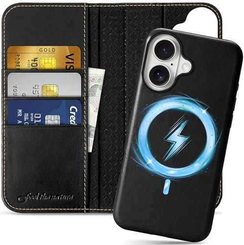 SHIELDON Case for iPhone 16, Genuine Leather Detachable 2 in 1 Wallet Magnetic Wireless Charging [Card Holder][Viewing Stand][RFID Blocking] Protective Cover Compatible with iPhone 16 5G - Retro Black