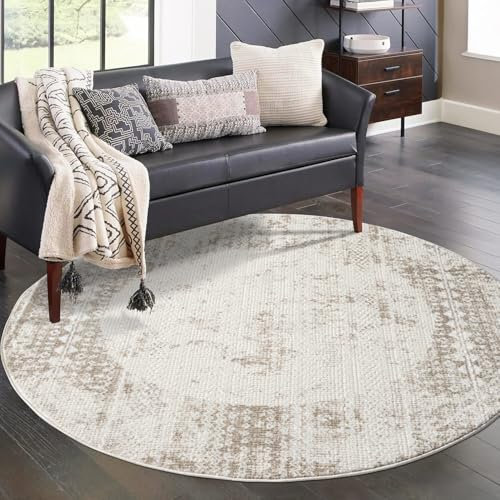 carpet city Teppich Wohnzimmer - Creme - 160 cm Rund - Klassisch Modern - Vintage, Bordüre - Teppiche Kurzflor Schlafzimmer, Esszimmer