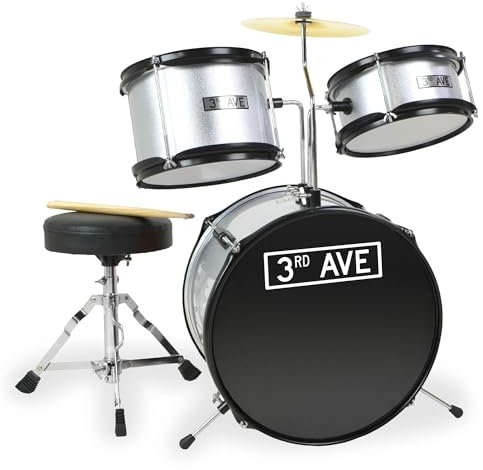 3rd Avenue Junior Kinder-Schlagzeug Für Anfänger, 3-Teiliges Schlagzeug-Set Mit Becken, Hocker Und Stöcken In Silber – Kostenlose 6-Monatige Lektionen