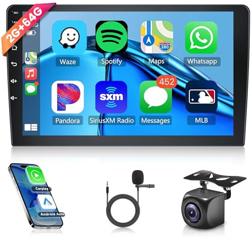 2G 64G Double Din Android Car Radio with Wireless Carplay, Rimoody 9 Inch Touch Screen Car Stereo GPS Navigation Bluetooth FM RDS WiFi USB Android Auto + AHD Backup Camera