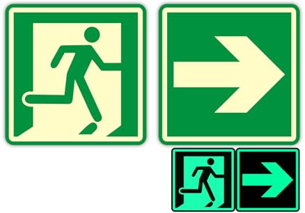 Acuxiaza 2 PZ Cartello Uscita di Emergenza Adesivo Freccia Indicazione PVC 15X15 cm Cartelli Uscita di Emergenza Luminoso Cartello Uscita di Sicurezza per Negozio e Azienda, Esterno e Interno