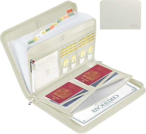 JUNDUN Fächermappe - Dokumentenmappe a4 mit mehreren Fächern - Feuerfest Dokumententasche mit Reißverschluss und Etiketten - für A4-Dateien und mehr (13 Fächern Transparentes Akkordeon, Beige)