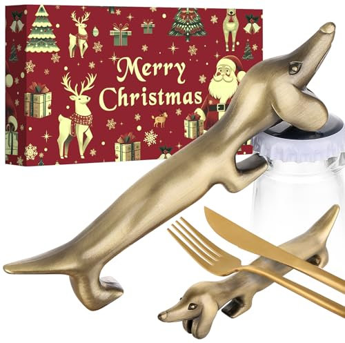 LULLEA Weihnachtsgeschenke Verpackt Dackel Flaschenöffner, Weihnachtsgeschenke Dackel Geschenke für Frauen Männer, Dackel Deko Besteck Ständer, Bronze mit Weihnachtsverpackung und Weihnachtskarte
