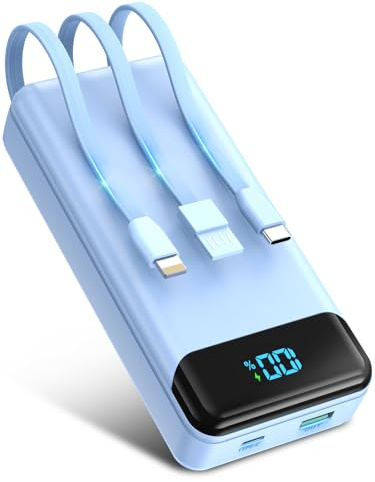 Power Bank 27000mAh, Portable Charger PD20W & QC3.0 Fast Charging with Built-in 3 Cables, 4 Outputs & 3 Inputs Powerbank with LED Display for iPhone, Tablets and More