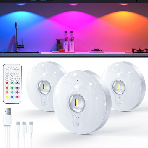 Luces LED Vitrina Recargables con Control Remoto,Luz LED Armario Recargable,Foco led Inalámbricas, Respetuoso con el Medio Ambiente, Luz Nocturna con Función de Temporización (RGB, blanco | 3 pz)