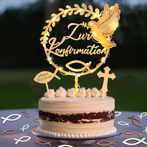 Tortendeko Konfirmation mit LED Lichterkette, Cake Topper Konfirmation Holz & 36 Stück Holz Fische Streudeko Tischdeko & Kreuzigung Fisch Kuchen Deko, Deko Junge Mädchen Geschenke Gastgeschenke