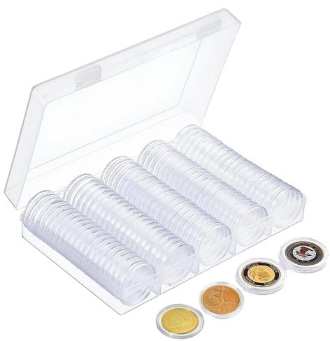 Lot de 100 capsules pour pièces de monnaie, 25 mm, transparentes, avec boîte de rangement, en plastique acrylique transparent