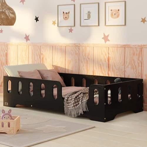 smartwood Kinderbett Bodenbett 90x200 mit Rausfallschutz & Lattenrost - Schwarz - Kinder Montessori Bett TILA 2P mit glatten Kanten - Betten für schnelle Montage - Bis 230 kg belastbar