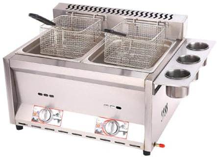 Freidora de grasa a gas LPG – Freidora comercial de acero inoxidable de doble tanque de 2 x 8 L con cesta y tapa para papas fritas – ideal para uso en el hogar, cocina y restaurante