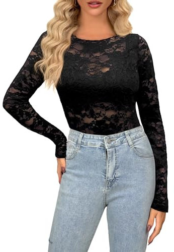 Maglietta da donna, in pizzo trasparente, a rete, sexy, a maniche lunghe, con motivo floreale, stile anni 2000, Nero01, XL