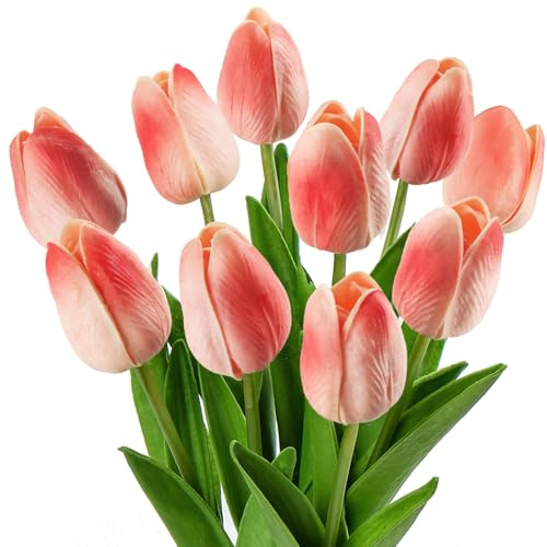 dellyy Künstliche Tulpen 10 Stück, Tulpen Künstlich wie Echt, Kunstblumen Wohnzimmer Schlafzimmer Dekoration, Künstliche Tulpen wie Echt Kein Gießen nötig Grünpflanzen für den Innenbereich(Rosa)