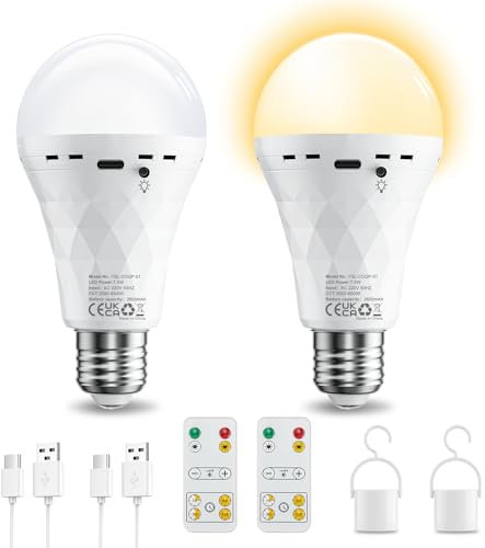 Recargable USB Con Control Remoto, 3 Temperatura de Color, E27 Bombilla LED Batería Regulable 7W Control Táctil Bombillas Con Cronómetro Bombillas de Emergencia Con Gancho 2600mAh