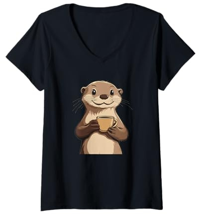 Damen Lächelnder Otter mit Teetasse für Kaffee- und Otterliebhaber T-Shirt mit V-Ausschnitt