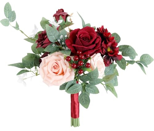 Fouriding Brautsträuße für Hochzeit,Künstliche Blumen Brautstrauß für Zeremonie Jahrestag Partei Braut Dusche Hochzeit Dekoration (Rosa Weinrot)