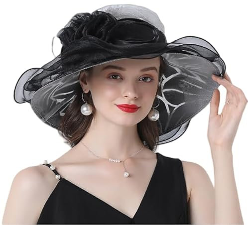 TINAYAUE Damen Organza Hut Eleganter Sommer Sonnenhut Schöner Brauthut breiter Krempe Fischerhut Faltbarer Strandmütze mit Blumen Atmungsaktiver Mesh Cap für Kirche, Hochzeiten, Reisen, Teeparty