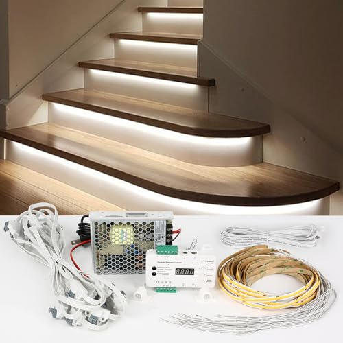 Inscrip Smart Motion Sensing Treppenbeleuchtung Set, DC12-24V 20 Schritte RL-STEP-05 LED Bewegungsmelder, Nacht PIR Fernbedienung Treppenlicht Set mit Netzteil und Lichtleiste für Innentreppen (2700K)