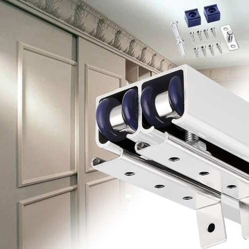 EXCLURA Schiebetür Schiene Doppelschiebetürschiene 61 71 91 122 cm, Schrankschiebetürschienen mit Rädern, Bypass-Scheunentor-Hardware-Kit Aluminiumschiene, Schiebetürschiene(Silver,3.0m/9.8ft)