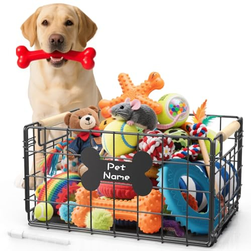 Tivray Panier à Jouets pour Chiens, Boîte de Rangement Métallique Résistante aux Morsures avec Poignées, Organisateur Pliable et Portable pour Jouets et Accessoires de Chiens, 15,8×11,8×11,8