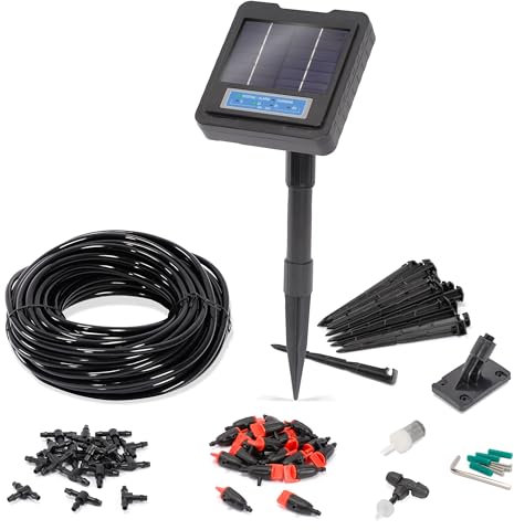 esotec kompaktes Solar Bewässerungssystem WaterDrops 20 – Automatischer Bewässerungscomputer, 20 Wassertropfer, Timer, energieeffiziente Tropfbewässerung für Garten Balkon Beete & Pflanzgefäße 101129