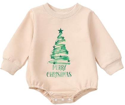 Generisch 2025 infantile e ragazze a maniche lunghe albero di Natale stampa maglione pagliaccetto neonato felpa body pagliaccetto body fiori bambino, beige., 0-3 mesi
