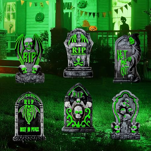 Larber 6pcs Halloween Glühendes Grabsteine Deko mit 12 Stück Stakes, 38CM Groß Grabstein Halloween Deko Wasserdichtes Helloween Grabsteines Deko für Garten Horror Dekoration