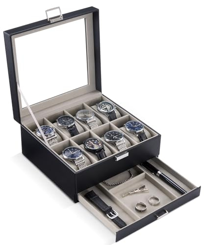 ProCase 2 Ebenen 8 Fächern Uhrenbox Uhrenkasten Watch Box mit Glasdeckel | Uhrenkasten Uhrenkoffer mit herausnehmbaren Uhrenkissen, Uhrenschatulle für Schmuck Ringe Armbänder Halsketten