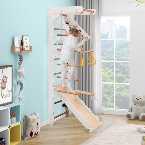 Parque de escalada infantil 6 en 1 de madera para interiores, con tobogán, columpio, escalera, zona de dominadas, anillas, espalderas y gimnasio infantil.