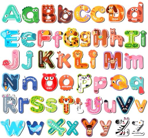 52 Pcs Uppercase Lowercase Magnetic Letters for Children Toddler Preschool | Large Fridge Magnets ,Animals Magnetic Alphabet,Educational Learning Toys, for Whiteboard, Refrigerator, Metal Board