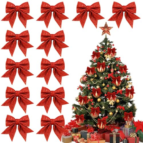 12 Stück Rote Schleifen Weihnachten, 12 x 15cm Glitzer Weihnachtsschleifen, Schleifen für Weihnachtsbaum Deko, Weihnachtsbaumschmuck Rot Bogen für Girlanden, Geschenke, Partys Dekorationen