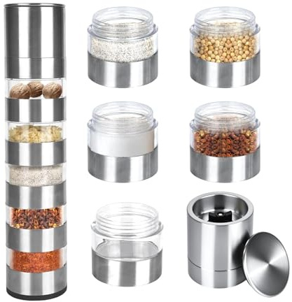 Spices Camping Gadgets Small, 5-in-1 Camping Spice Set Mini Refillable, Travel Spice Set, Travel Spice Shaker Refillable, Mini Spice Mill, Camping Gadgets for Motorhome