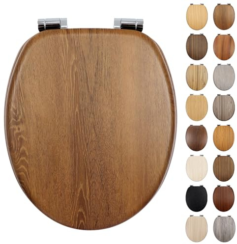 Fanmitrk Standard Wooden Toilet Seat Soft Close, MDF Adjustable Zinc Alloy Hinges with Bottom Fixture,Easy to Clean and Install for Bathroom (JH4706-01)