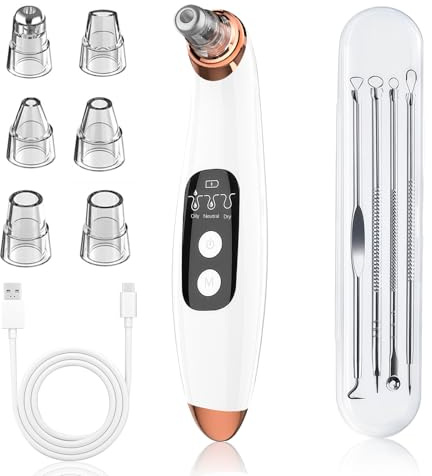JICICUXI Mitesserentferner Porensauger Porenreiniger Gesicht Elektrisch mit 3 Saugstufen 6 Köpfen, LCD Display, Vakuumsauger zur Gesichtsreinigung, Schonend, USB Wiederaufladbar, Eisweiß