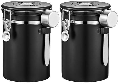 2 Pack Airtight Coffee Canisters, 1.8L Stainless Steel Coffee Containers | with 30ml Measuring Scoop, Date Tracker and CO2 Valve for Coffee Beans, Ground Coffee, Tea and Sugar
