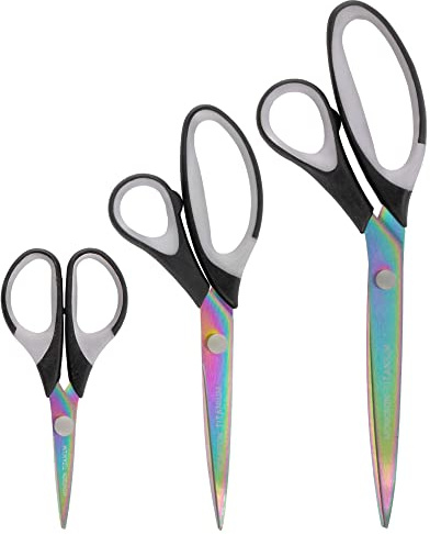 BambooMN Titanium Softgrip Scissors Set for Sewing Arts Crafts Office - Jubilee Yarn - 1 Set of 3 - Black