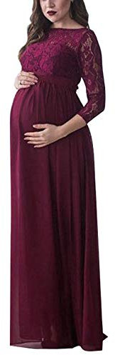Loalirando Robe de Grossesse Maxi-Longue en Dentelle à Manches Longues, Robe de Maternité Dentelle Photo Mariage Cérémonie, Bordeaux, S