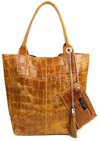 Made IN Italy Damen XXL Leder Tasche + Schmucktasche Wildleder Shopper Schultertasche Fransen Umhängetasche Quaste Kette DIN-A4 Hobo Tote Bag Cognac Kroko