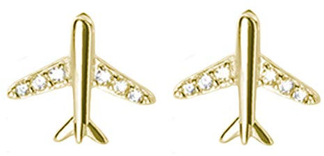 Helen de Lete S925 Sterling SilberKleines Flugzeug Strass Flugzeug Ohrringe (Golden)