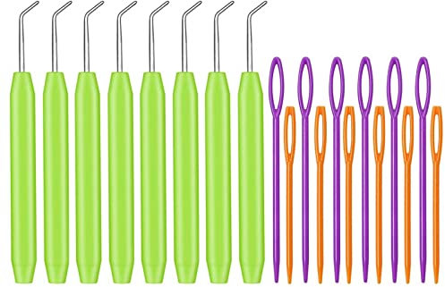 Strickhaken Set, 8 Stücke Häkelnadeln, Strick Crochet Haken mit Bunten Stricknadeln, Großen Augen Nähnadeln für Knitting Strick Handwerk (Grün/Lila/Orange)