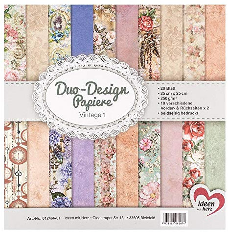 Ideen mit Herz Duo-Design-Papiere | Block mit 20 Blatt Bastelpapier | 25 x 25 cm | 250g/m² | beidseitig bedruckt | Designpapier, Motivpapier | ideal für Scrapbooking, Basteln (Vintage 01)