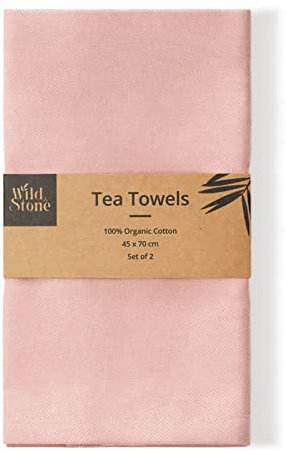 Wild & Stone | Organic Cotton Tea Towel | Herringbone Weave | Cotton Kitchen Towels | Set of 2 (Rose)
